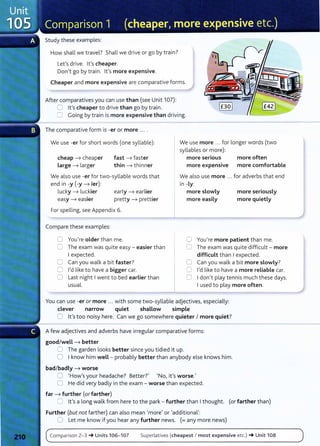 Study these examples:
How shall we travel? Shall we drive or go by train?
Let's drive. it's cheaper.
Don't go by train. lt's more expensive.
Cheaper and more expensive are comparative forms.
After comparatives you can use than (see Unit 107):
0 lt's cheaper to drive than go by train.
0 Going by train is more expensive than driving.
The comparative form is -er or more .. . .
We use -er for short words (one syllable): We use more .. . for longer words (two
syllables or more):
cheap --t cheaper
Large --t larger
fast --t faster
thin --t thinner
more serious more often
more expensive more comfortable
We also use -er for two-syllable words that We also use more ... for adverbs that end
end in -y (-y --t ier):
lucky --t luckier
easy --t easier
early --t earlier
pretty --t prettier
For spelling, see Appendix 6.
Compare these examples:
in -ly:
more slowly
more easily
more seriously
more quietly
0 You're older than me. 0 You're more patient than me.
0 The exam was quite easy - easier t han
I expected.
C Can you walk a bit faster?
0 I'd like to have a bigger car.
0 Last night Iwent to bed earlier than
usual.
:J The exam was quite difficult- more
difficult than I expected.
0 Can you walk a bit more slowly?
0 I'd like t o have a more reliable car.
0 Idon't play tennis much these days.
I used to play more often.
You can use -er or more ... with some two-syllable adjectives, especially:
clever narrow quiet shallow simple
0 it's too noisy here. Can we go somewhere quieter I more quiet?
A few adjectives and adverbs have irregular comparative forms:
good/well --t better
0 The garden looks better since you t idied it up.
0 I know him well - probably better than anybody else knows him.
bad/badly --t worse
0 'How's your headache? Better?' 'No, it's worse.'
0 He did very badly in the exam - worse than expected.
far --t further (or farther)
0 it's a long walk from here to the park - further than Ithought. (or farther than)
Further (but not farther) can also mean 'more' or 'additional':
0 Let me know if you hear any further news. (= any more news)
Comparison 2-3 -+ Units 106- 107 Superlatives (cheapest I most expensive etc.) -+ Unit 108
 