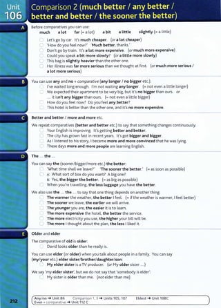 Before comparatives you can use:
much a Lot far(= a lot) a bit a Little slightly (=a little)
0 Let's go by car. lt's much cheaper. (or a Lot cheaper)
0 ·How do you feel now?' ·Much better, thanks.'
0 Don't go by train. lt's a Lot more expensive. (or much more expensive)
0 Could you speak a bit more slowly? (or a Little more slowly)
0 This bag is slightly heavier than the other one.
0 Her illness was far more serious than we thought at first. (or much more serious I
a Lot more serious)
You can use any and no+ comparative (any Longer I no bigger etc.):
L I've waited long enough. I'm not waiting any Longer. (=not even a little longer)
_, We expected their apartment to be very big, but it's no bigger than ours. or
... it isn't any bigger than ours. (=not even a little bigger)
0 How do you feel now? Do you feel any better?
0 This hotel is better than the other one, and it's no more expensive.
Better and better I more and more etc.
We repeat comparatives (better and better etc.) to say that something changes continuously:
0 Your English is improving. lt's getting better and better.
0 The city has grown fast in recent years. lt's got bigger and bigger.
C As I listened to his story, I became more and more convinced that he was lying.
0 These days more and more people are learning English.
You can say the (sooner/bigger/more etc.) the better:
8 ·what time shall we leave?' •The sooner the better.' (=as soon as possible)
0 A: What sort of box do you want? A big one?
s: Yes, the bigger the better. (=as big as possible)
0 When you're travelling, the Less Luggage you have the better.
We also use the ... the ... to say that one thing depends on another thing:
8 The warmer the weather, the better I feel. (=if the weather is warmer, I feel better)
CJ The sooner we leave, the earlier we will arrive.
0 The younger you are, the easier it is to learn.
0 The more expensive the hotel, the better the service.
0 The more electricity you use, the higher your bill will be.
0 The more I thought about the plan, the Less I liked it.
Older and elder
The comparative of old is older:
._.; David looks older than he really is.
You can use elder (or older) when you talk about people in a family. You can say
(my/your etc.) elder sister/brother/daughter/son:
:' My elder sister is a TV producer. (or My older sister ...)
We say •my elder sister', but we do not say that ·somebody is elder':
0 My sister is older than me. (not elder than me)
Any/ no_,. Unit 86 Comparison 1, 3 _,.Units 105, 107 Eldest _,. Unit 108C
Even + comparative _,. Unit 112 C
 