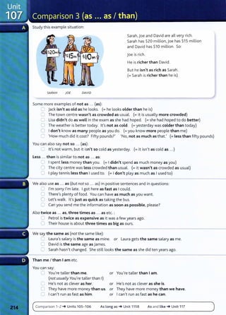 Study this example situation:
SARAH )OE DAV/0
Some more examples of not as ... (as):
Sarah,joe and David are all very rich.
Sarah has $20 million, Joe has $15 million
and David has $10 million. So:
joe is rich.
He is richer than David.
But he isn't as rich as Sarah.
(= Sarah is richer than he is)
0 jack isn't as old as he looks. (= he looks older than he is)
0 The town centre wasn't as crowded as usual. (=it is usually more crowded)
0 Lisa didn't do as well in the exam as she had hoped. (=she had hoped to do better)
0 The weather is better today. lt's not as cold. (=yesterday was colder than today)
0 Idon't know as many people as you do. (=you know more people than me)
0 'How much did it cost? Fifty pounds?' •No, not as much as that.' (=Less than fifty pounds)
You can also say not so ... (as):
,:= lt's not warm, but it isn't so cold as yesterday. (= it isn't as cold as ...)
less ... than is similar to not as ... as:
0 Ispent Less money than you. (= Ididn't spend as much money as you)
0 The city centre was Less crowded than usual. (=it wasn't as crowded as usual)
8 I play tennis Less than I used to. (=I don't play as much as I used to)
We also use as ... as (but not so ... as) in positive sentences and in questions:
0 I'm sorry I'm late. Igot here as fast as Icould.
0 There's plenty of food. You can have as much as you want.
0 Let's walk. lt's just as quick as taking the bus.
0 Can you send me the information as soon as possible, please?
Also twice as ... as, three times as ... as etc. :
0 Petrol is twice as expensive as it was a few years ago.
0 Their house is about three times as big as ours.
We say the same as (not the same like):
0 Laura's salary is the same as mine. or Laura gets the same salary as me.
0 David is the same age as james.
0 Sarah hasn't changed. She still looks the same as she did ten years ago.
Than me I than Iam etc.
You can say:
0 You're taller than me.
(not usually You're taller than I)
C He's not as clever as her.
0 They have more money than us.
0 Ican't run as fast as him.
or You're taller than I am.
or He's not as clever as she is.
or They have more money than we have.
or Ican't run as fast as he can.
Comparison 1- 2 -+ Units 105-106 As long as-+ Unit 115B As and Like-+ Unit 117
 