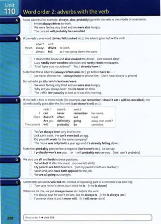 Some adverbs {for example, always, also, probably) go with the verb in the middle of a sentence:
0 Helen always drives to work.
0 We were feeling very tired and we were also hungry.
0 The concert will probably be cancelled.
If the verb is one word {drives/fell/cooked etc.), the adverb goes before the verb:
adverb verb
IHelen always drives to work.
I I almost fell as Iwas going down the stairs.
0 Icleaned the house and also cooked the dinner. (not cooked also)
0 Lucy hardly ever watches television and rarely reads newspapers.
0 'Shall Igive you my address?' 'No, Ialready have it.'
Note that these adverbs (always/often/also etc.) go before have to ... :
0 joe never phones me. Ialways have to phone him. (not I have always to phone)
But adverbs go after am/is/are/was/were:
=: We were feeling very tired and we were also hungry.
C Why are you always late? You're never on time.
0 The traffic isn't usuaLLy as bad as it was this morning.
If the verb is two or more words (for example, can remember I doesn't eat I wiLL be canceLLed), the
adverb usually goes after the first verb (can/doesn't/will etc.):
- - -
verb 1 adverb verb 2
can never remember
Clare doesn't often eat
Are you definitely going
The concert will probably be
0 You've always been very kind to me.
0 jack can't cook. He can't even boil an egg.
0 Do you still work for the same company?
her name.
meat.
away next week?
cancelled.
0 The house was only built a year ago and it's already falling down.
Note that probably goes before a negative (isn't/won't etc.). So we say:
0 Iprobably won't see you. or Iwill probably not see you. (not Iwon't probably)
We also use all and both in these positions:
~ We aLL felt ill after the meal. (not we felt all ill)
C My parents are both teachers. (not my parents both are teachers)
C Sarah and jane have both applied for the job.
0 We are all going out tonight.
Sometimes we use is/will/did etc. instead of repeating part of a sentence (see Unit 51):
0 Tom says he isn't clever, but Ithink he is. (= he is clever)
When we do t his, we put always/ never etc. before the verb:
C He always says he won't be late, but he always is. (=he is always late)
C I've never done it and Inever wiLL. (=I wiLL never do it)
(~w
_o
_r_
d_o_
rd_e_r_l_~
__
u_n
_it
_1_o_9
_________________________________________________________
)
 