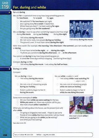 For and during
We use for+ a period of time to say how long something goes on:
for two hours for a week for ages
0 We watched TV for two hours last night.
0 Jess is going away for a week in September.
0 Where have you been? l,ve been waiting for ages.
0 Are you going away for the weekend?
We use during+ noun to say when something happens (not how long):
during the movie during our holiday during the night
0 I fell asleep during the movie.
0 We met some really nice people during our holiday.
0 The ground is wet. lt must have rained during the night.
I fell asleep during the movie.
With 'time words, (for example: the morning I the afternoon I the summer), you can usually say in
or during:
::::= lt must have rained in the night. or ... during the night.
0 l,ll phone you sometime during the afternoon. or ... in the afternoon.
You cannot use during to say how long something goes on:
0 lt rained for three days without stopping. (not during three days)
Compare during and for:
0 I fell asleep during the movie. I was asleep for half an hour.
During and while
Compare:
We use during+ noun: We use while+ subject+ verb:
0 I fell asleep during the movie. 0 I fell asleep while I was watching TV.
noun - L subject +verb
0 We met a lot of interesting people
during our holiday.
0 We met a lot of interesting people
while we were on holiday.
0 Robert suddenly began to feel ill
during the exam.
0 Robert suddenly began to feel ill
while he was doing the exam.
Some more examples of while:
0 We saw Clare while we were waiting for the bus.
0 While you were out, there was a phone call for you.
c= Alex read a book while I watched TV.
When you are talking about the future, use the present (not will)
after while:
0 l,m going to Singapore next week. I hope to see some
friends of mine while I'm there.(not while I will be there)
C What are you going to do while you're waiting?
(not while you,ll be waiting)
See also Unit 25.
For and since~ Unit 12A While + -ing ~ Unit 68B
Alex read a book while I
watched TV.
 