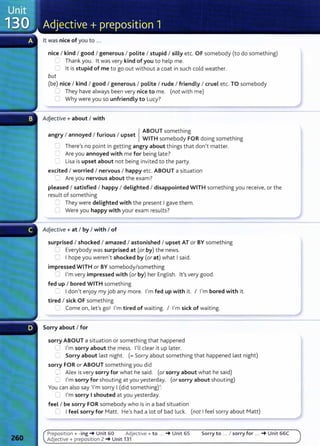 lt was nice of you to ...
nice I kind I good I generous I polite I stupid I silly etc. OF somebody (to do something)
'-._.} Thank you. lt was very kind of you to help me.
::J lt is stupid of me to go out without a coat in such cold weather.
but
(be) nice I kind I good I generous I polite I rude I friendly I cruel etc. TO somebody
"--' They have always been very nice to me. (not with me)
0 Why were you so unfriendly to Lucy?
Adjective+ about I with
. { ABOUT something
angry I annoyed I funous I upset WITH b d FORd . h.
some o y omg somet mg
=There's no point in getting angry about things that don't matter.
2 Are you annoyed with me for being late?
r:: Lisa is upset about not being invited to the party.
excited I worried I nervous I happy etc. ABOUT a situation
=Are you nervous about the exam?
pleased I satisfied I happy I delighted I disappointed WITH something you receive, or the
result of something
=: They were delighted with the present I gave them.
8 Were you happy with your exam results?
Adjective+ at I by I with I of
surprised I shocked I amazed I astonished I upset AT or BY something
=Everybody was surprised at (or by) the news.
0 I hope you weren't shocked by (or at) what I said.
impressed WITH or BY somebody/something
=:J I'm very impressed with (or by) her English. lt's very good.
fed up I bored WITH something
......._ I don't enjoy my job any more. I'm fed up with it. I I'm bored with it.
tired I sick OF something
;:: Come on, let's go! I'm tired of waiting. I I'm sick of waiting.
Sorry about I for
sorry ABOUT a situation or something that happened
0 I'm sorry about the mess. I'll dear it up lat er.
C Sorry about last night. (=Sorry about something that happened last night)
sorry FOR or ABOUT something you did
0 Alex is very sorry for what he said. (or sorry about what he said)
C I'm sorry for shouting at you yesterday. (or sorry about shouting)
You can also say 'I'm sorry I (did something)':
C I'm sorry I shouted at you yesterday.
feel I be sorry FOR somebody who is in a bad situation
0 I feel sorry for Matt. He's had a lot of bad luck. (not I feel sorry about Matt)
Preposit ion + -ing -+ Unit 60 Adjective+ to .. . -+ Unit 65 Sorry to ... I sorry for ... -+ Unit 66C
Adjective+ preposition 2 -+ Unit 131
 
