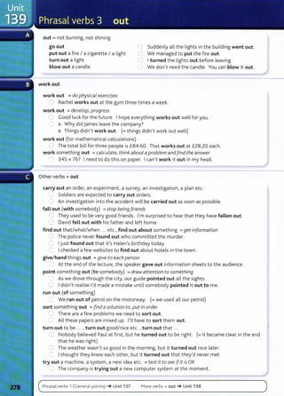 out= not burning, not shining
go out
put out a fire I a cigarette I a light
turn out a light
blow out a candle
work out
work out =do physical exercises
C Suddenly all the lights in the building went out.
C We managed to put the fire out.
0 I turned the lights out before leaving.
C We don't need the candle. You can blow it out.
0 Rachel works out at the gym three times a week.
work out =develop, progress
0 Good luck for the future. I hope everything works out well for you.
C A: Why did james leave the company?
B: Things didn't work out. (=things didn't work out well)
work out (for mathematical calculations)
.= The total bill for three people is £84.60. That works out at £28.20 each.
work something out =calculate, think about a problem andfind the answer
0 345 x 76? I need to do this on paper. I can't work it out in my head.
Other verbs + out
carry out an order, an experiment, a survey, an investigation, a plan etc.
=Soldiers are expected to carry out orders.
:J An investigation into the accident will be carried out as soon as possible.
fall out (with somebody) =stop being friends
0 They used to be very good friends. I'm surprised to hear that they have fallen out.
CJ David fell out with his father and left home.
find out that/what/when ... etc., find out about something =get information
0 The police never found out who committed the murder.
CJ I just found out t hat it's Helen's birthday today.
r' I checked a few websites to find out about hotels in t he town.
give/ hand things out =give to each person
~ At the end of the lecture, the speaker gave out information sheets to the audience.
point something out (to somebody) =drawattention to something
2 As we drove through the city, our guide pointed out all the sights.
0 I didn't realise I'd made a mistake until somebody pointed it out to me.
run out (of something)
=We ran out of petrol on the motorway. (=we used all our petrol)
sort something out =findasolution to, put in order
0 There are a few problems we need to sort out.
l' All these papers are mixed up. I'll have to sort them out.
turn out to be ... , turn out good/nice etc. , turn out that ...
10 Nobody believed Paul at first, but he turned out to be right. (=it became clear in the end
that he was right)
:J The weather wasn't so good in the morning, but it turned out nice later.
r= I thought they knew each other, but it turned out that they'd never met.
try out a machine, a system, a new idea etc. =test it to see ifit is OK
'--' The company is trying out a new computer system at the moment.
Phrasal verbs l (General points) -+ Unit 137 More verbs+ out-+ Unit 138
 