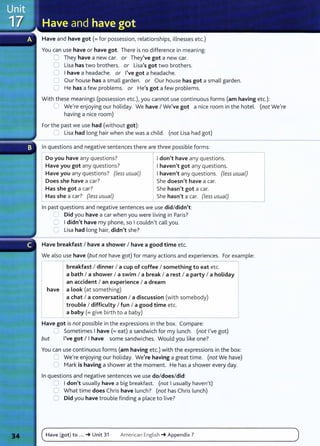 Have and have got(= for possession, relationships, illnesses etc.)
You can use have or have got. There is no difference in meaning:
C They have a new car. or They've got a new car.
0 Lisa has two brothers. or Lisa's got two brothers.
C I have a headache. or I've got a headache.
C Our house has a small garden. or Our house has got a small garden.
0 He has a few problems. or He's got a few problems.
With these meanings (possession etc.), you cannot use continuous forms (am having etc.):
C We're enjoying our holiday. We have I We've got a nice room in the hotel. (not We're
having a nice room)
For the past we use had (without got):
... J Lisa had long hair when she was a child. (not Lisa had got)
In questions and negative sentences there are three possible forms:
- - -- - - ---,
Do you have any questions? ~don't have any questions.
Have you got any questions? J ~ haven't got any questions.
Have you any questions? (less usual) I haven't any questions. (less usual)
Does she have a car? I She doesn't have a car.
Has she got a car? She hasn't got a car.
Has she a car? (less usual) She hasn't a car. (less usual)
In past questions and negative sentences we use did/didn't:
'-.J Did you have a car when you were living in Paris?
0 Ididn't have my phone, so Icouldn,t call you.
C Lisa had long hair, didn't she?
Have breakfast I have a shower I have a good time etc.
----------------~
We also use have (but not have got) for many actions and experiences. For example:
breakfast I dinner I a cup of coffee I something to eat etc.
a bath I a shower I a swim I a break I a rest I a party I a holiday
an accident I an experience I a dream
have a Look (at something)
a chat I a conversation I a discussion (with somebody)
trouble I difficulty I fun I a good time etc.
a baby (= give birth to a baby)
Have got is not possible in the expressions in the box. Compare:
0 Sometimes I have(= eat) a sandwich for my lunch. (not I've got)
but I've got I I have some sandwiches. Would you like one?
You can use continuous forms (am having etc.) with the expressions in the box:
~ We're enjoying our holiday. We're having a great time. (not We have)
C Mark is having a shower at the moment. He has a shower every day.
In questions and negative sentences we use do/does/did:
21 I don't usually have a big breakfast. (not I usually haven,t)
0 What time does Chris have lunch? (not has Chris lunch)
0 Did you have trouble finding a place to live?
Have (got) to ... _. Unit 31 American English _. Appendix 7
 