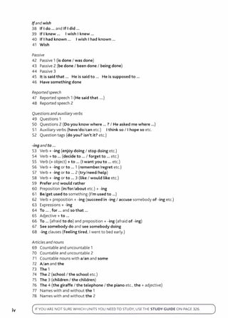 .
IV
Ifand wish
38 If Ido ... and If I did ...
39 If I knew... Iwish I knew ...
40 If I had known ... Iwish I had known ...
41 Wish
Passive
42 Passive 1 (is done I was done)
43 Passive 2 (be done I been done I being done)
44 Passive 3
45 lt is said that ... He is said to ... He is supposed to ...
46 Have something done
Reportedspeech
47 Reported speech 1 (He said that ...)
48 Reported speech 2
Questions and auxiliary verbs
49 Questions 1
50 Questions 2 (Do you know where ... ? I He asked me where ...)
51 Auxiliary verbs (have/do/can etc.) Ithink so I I hope so etc.
52 Question tags (do you? isn't it? etc.)
-ing and to ...
53 Verb+ -ing (enjoy doing I stop doing etc.)
54 Verb+ to ... (decide to ... I forget to ... etc.)
55 Verb(+ object)+ to ... (I want you to ... etc.)
56 Verb+ -ing or to ... 1 (remember/regret etc.)
57 Verb+ -ing or to ... 2 (try/need/help)
58 Verb+ -ing or to ... 3 (Like I would Like etc.)
59 Prefer and would rather
60 Preposition (in/for/about etc.)+ -ing
61 Be/get used to something (I'm used to ...)
62 Verb + preposition + -ing (succeed in -ing I accuse somebody of -ing etc.)
63 Expressions+ -ing
64 To ... , for ... and so that ...
65 Adjective+ to ...
66 To ... (afraid to do) and preposition+ -ing (afraid of -ing)
67 See somebody do and see somebody doing
68 -ing clauses (Feeling tired, Iwent to bed early.)
Articlesandnouns
69 Countable and uncountable 1
70 Countable and uncountable 2
71 Countable nouns with a/an and some
72 A/an and the
73 The 1
74 The 2 (school I the school etc.)
75 The 3 (children I the children)
76 The 4 (the giraffe I the telephone I the piano etc., the + adjective)
77 Names with and without the 1
78 Names with and without the 2
IF YOU ARE NOT SURE WH ICH UNITS YOU NEED TO STUDY, USE TH E STUDY GUIDE ON PAGE 326.
 