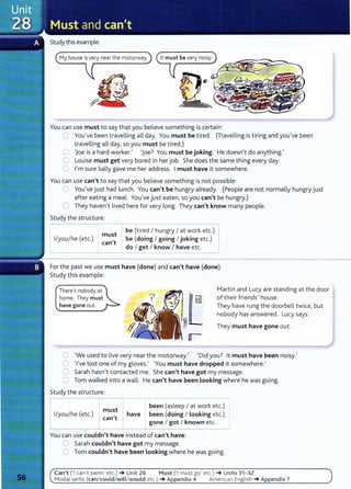 Studythis example:
My house is very near the motorway.
You can use must to say that you believe something is certain:
0 You've been travelling all day. You must be tired. (Travelling is tiring and you've been
travelling all day, so you must be tired.)
0 'Joe is a hard worker.' 'joe? You must be joking. He doesn't do anything.'
0 Louise must get very bored in her job. She does the same thing every day.
U I'm sure Sally gave me her address. Imust have it somewhere.
You can use can't to say that you believe something is not possible:
0 You've just had lunch. You can't be hungry already. (People are not normally hungry just
after eating a meal. You've just eaten, so you can't be hungry.)
0 They haven't lived here for very long. They can't know many people.
Study the structure:
llyoulhe (etc.)
must
can't
be (tired I hungry I at work etc.)
be (doing I going I joking etc.)
do I get I know I have etc.
~------''---"----
For the past we use must have (done) and can't have (done).
Study this example:
There's nobody at
home. They must
have gone out.
Martin and Lucy are standing at the door
of their friends' house.
They have rung the doorbell twice, but
nobody has answered. Lucy says:
They must have gone out.
0 'We used to live very near the motorway.' 'Did you? lt must have been noisy.'
0 'I've lost one of my gloves.' 'You must have dropped it somewhere.'
0 Sarah hasn't contacted me. She can't have got my message.
0 Tom walked into a wall. He can't have been Looking where he was going.
Study the structure:
llyoulhe (etc.)
must
can't
been (asleep I at work etc.)
have been (doing I Looking etc.)
gone I got I known etc.
You can use couldn't have instead of can't have:
0 Sarah couldn't have got my message.
0 Tom couldn't have been Looking where he was going.
Can't ('I can't swim' etc.) -+ Unit 26 Must ('I must go' etc.) -+ Units 31- 32
Modal verbs (can/could/will/would etc.) -+ Appendix 4 American English -+ Appendix 7
 
