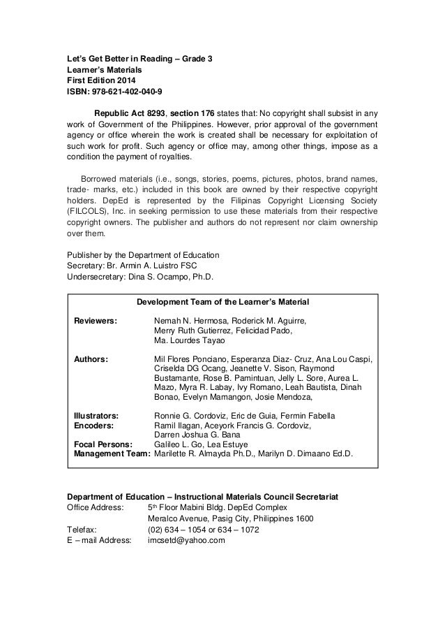 Worksheets Sample Reading Materials For Grade 3 english 3 quarter 4 lm 2 lets get better in reading grade learners materials