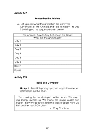 190
Activity 169
Remember the Animals
A. Let us recall what the animals in the story “The
Adventures of the Animal Band” did from Day 1 to Day
7 by filling up the sequence chart below.
The Animals’ Day-to-Day Activity on the Island
What did the animals do?
Day 1
Day 2
Day 3
Day 4
Day 5
Day 6
Day 7
Day 8
Activity 170
Read and Complete
Group 1: Read this paragraph and supply the needed
information on the chart.
This morning the band played on the beach. We saw a
ship sailing towards us. We made the music louder and
louder. I blew my seashells and the ship stopped. Huh! Did
it hit another rock? Oh! , No!
- Cary Carabao
 