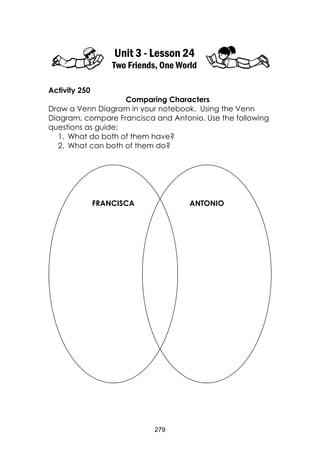 279
Unit 3 - Lesson 24
Two Friends, One World
Activity 250
Comparing Characters
Draw a Venn Diagram in your notebook. Usin...