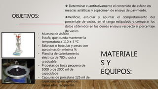 OBJETIVOS:
❖ Determinar cuantitativamente el contenido de asfalto en
mezclas asfálticas y espécimen de ensayo de pavimento.
❖Verificar, estudiar y apuntar el comportamiento del
porcentaje de vacíos, en el rango estipulado y comparar los
datos obtenidos en los demás ensayos respecto al porcentaje
de vacíos
MATERIALE
S Y
EQUIPOS:
- Muestra de Asfalto
- Estufa, que pueda mantener la
temperatura a 110 ± 5 ºC
- Balanzas o basculas y pesas con
aproximación mínima %
- Plancha de calentamiento
eléctrica de 700 u outra
graduable
- Probetas de boca pequena de
1000 o de 2000 ml de
capacidade
- Capsulas de porcelana 125 ml de
capacidad (para ignición)
- Desecador, recipientes
 