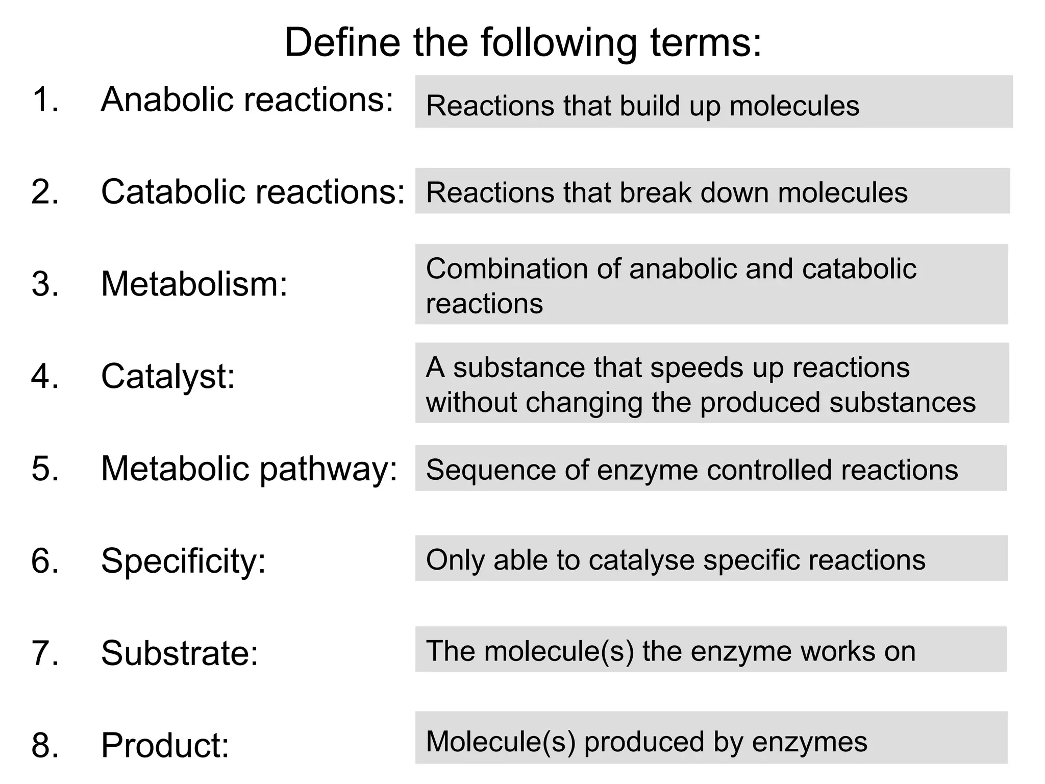 Define the following terms:
1.   Anabolic reactions: Reactions that build up molecules

2.   Catabolic reactions: Reactions that break down molecules

                           Combination of anabolic and catabolic
3.   Metabolism:
                           reactions

4.   Catalyst:             A substance that speeds up reactions
                           without changing the produced substances

5.   Metabolic pathway: Sequence of enzyme controlled reactions

6.   Specificity:          Only able to catalyse specific reactions


7.   Substrate:            The molecule(s) the enzyme works on


8.   Product:              Molecule(s) produced by enzymes
 