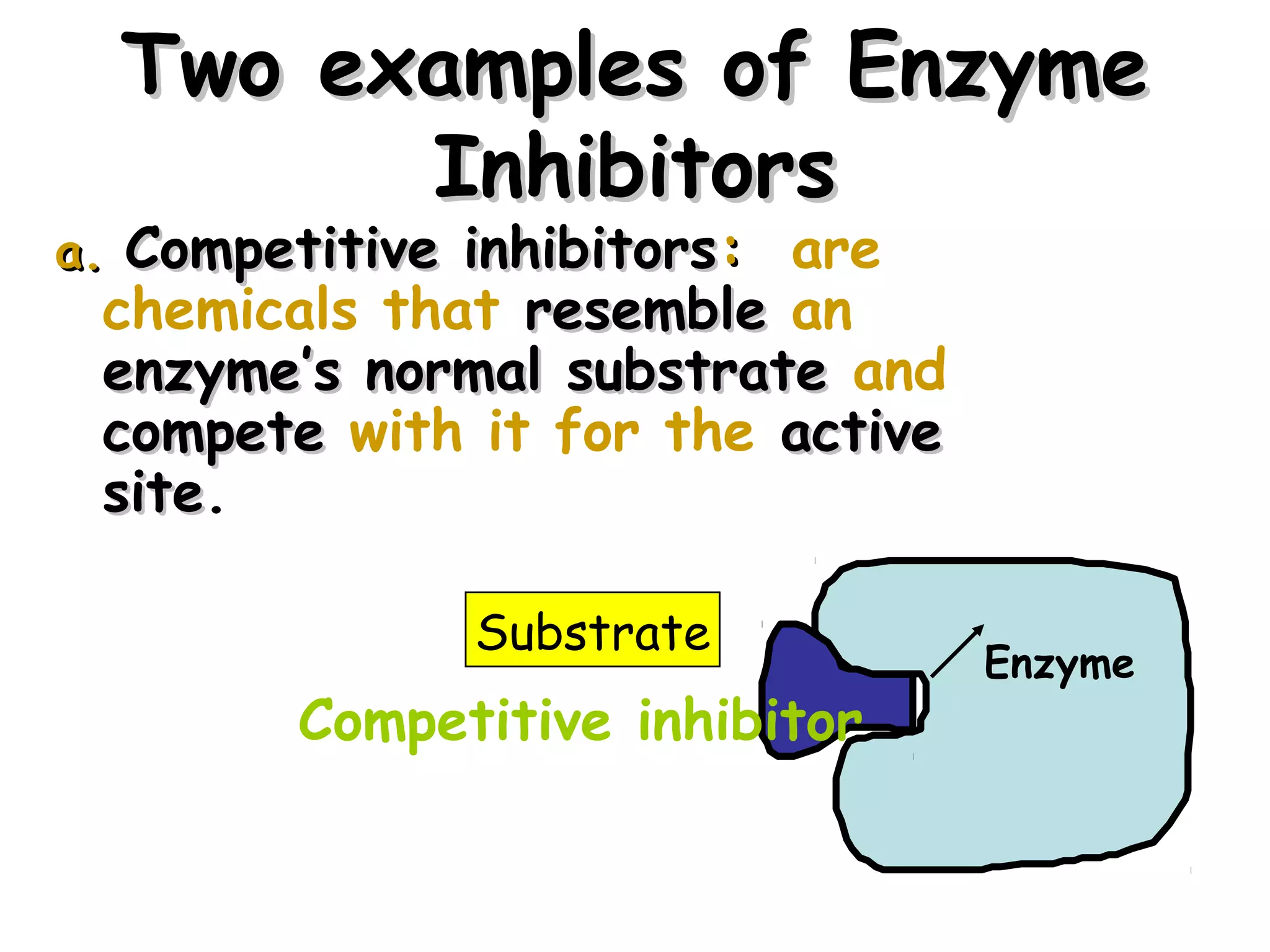 Two examples of Enzyme
        Inhibitors
a. Competitive inhibitors: are
 chemicals that resemble an
 enzyme’s normal substrate and
 compete with it for the active
 site.
 site

               Substrate
                                  Enzyme
        Competitive inhibitor


                                           26
 