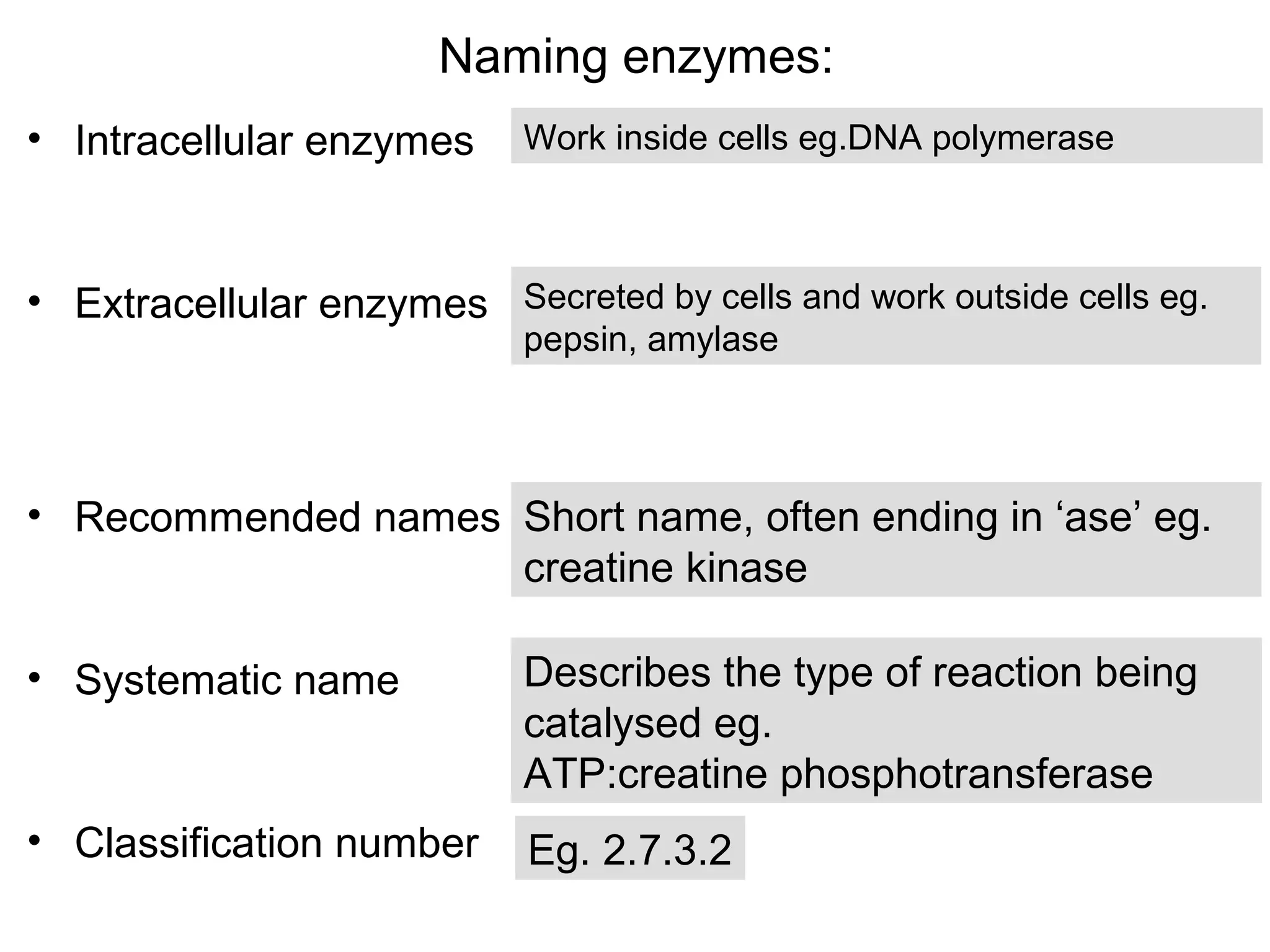 Naming enzymes:
• Intracellular enzymes     Work inside cells eg.DNA polymerase



• Extracellular enzymes Secreted by cells and work outside cells eg.
                            pepsin, amylase




• Recommended names Short name, often ending in ‘ase’ eg.
                    creatine kinase

• Systematic name           Describes the type of reaction being
                            catalysed eg.
                            ATP:creatine phosphotransferase
• Classification number     Eg. 2.7.3.2
 