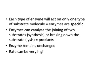 • Each type of enzyme will act on only one type
of substrate molecule = enzymes are specific
• Enzymes can catalyse the joining of two
substrates (synthesis) or braking down the
substrate (lysis) = products
• Enzyme remains unchanged
• Rate can be very high
 