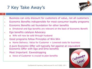 7 Key Take Away’s
15

     1.    Business can only discount for customers of value, not all customers
     2.    Economic Benefits indispensible for most consumer loyalty programs
     3.    Economic Benefits set foundation for other benefits
              Emotional and Ego benefits are relevant on the back of Economic Benefit
     4.    Ego benefits catalyze Advocacy
              Wife will now be sold through husband
     5.    Good programs follow Principles of Win:Win
              Home Delivery: Value for Customer + Lowered costs for business
     6.    A pure Economic Offer will typically fail against an equivalent
           Economic Offer with Ego and Emo benefits
     7.    Most Important: Eavesdropping
              Voice of Customer is crucial to plan benefits



                              Confidential & Proprietary. NetCarrots.com Pvt. Ltd. © 2000 - 2011.
 