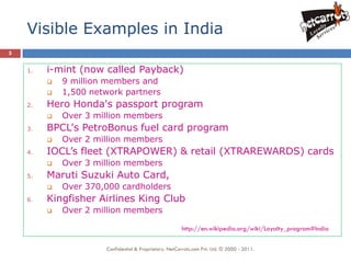 Visible Examples in India
5


    1.   i-mint (now called Payback)
            9 million members and
            1,500 network partners
    2.   Hero Honda's passport program
            Over 3 million members
    3.   BPCL's PetroBonus fuel card program
            Over 2 million members
    4.   IOCL’s fleet (XTRAPOWER) & retail (XTRAREWARDS) cards
            Over 3 million members
    5.   Maruti Suzuki Auto Card,
            Over 370,000 cardholders
    6.   Kingfisher Airlines King Club
            Over 2 million members

                                                        http://en.wikipedia.org/wiki/Loyalty_program#India

                      Confidential & Proprietary. NetCarrots.com Pvt. Ltd. © 2000 - 2011.
 