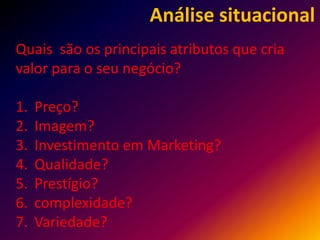 Análise situacional
Quais são os principais atributos que cria
valor para o seu negócio?

1.   Preço?
2.   Imagem?
3.   Investimento em Marketing?
4.   Qualidade?
5.   Prestígio?
6.   complexidade?
7.   Variedade?
 