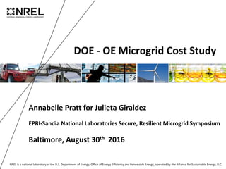 NREL is a national laboratory of the U.S. Department of Energy, Office of Energy Efficiency and Renewable Energy, operated by the Alliance for Sustainable Energy, LLC.
DOE - OE Microgrid Cost Study
Annabelle Pratt for Julieta Giraldez
EPRI-Sandia National Laboratories Secure, Resilient Microgrid Symposium
Baltimore, August 30th 2016
 