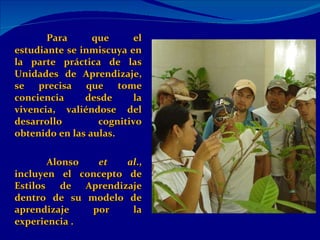 Para que el estudiante se inmiscuya en la parte práctica de las Unidades de Aprendizaje, se precisa que tome conciencia desde la vivencia,  valiéndose  del desarrollo cognitivo obtenido en las aulas. Alonso  et al .,  incluyen el concepto de Estilos de Aprendizaje dentro de su modelo de aprendizaje por la experiencia  . 