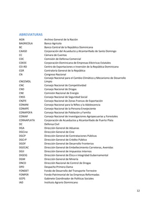 12
ABREVIATURAS
AGN Archivo General de la Nación
BAGRICOLA Banco Agrícola
BC Banco Central de la República Dominicana
CAASD Corporación del Acueducto y Alcantarillado de Santo Domingo
CC Cámara de Cuentas
CDC Comisión de Defensa Comercial
CDEEE Corporación Dominicana de Empresas Eléctricas Estatales
CEI-RD Centro de Exportaciones e Inversión de la República Dominicana
CGR Contraloría General de la República
CN Congreso Nacional
CNCCMDL
Consejo Nacional para el Cambio Climático y Mecanismo de Desarrollo
Limpio
CNC Consejo Nacional de Competitividad
CND Consejo Nacional de Drogas
CNE Comisión Nacional de Energía
CNSS Consejo Nacional de Seguridad Social
CNZFE Consejo Nacional de Zonas Francas de Exportación
CONANI Consejo Nacional para la Niñez y la Adolescencia
CONAPE Consejo Nacional de la Persona Envejeciente
CONAPOFA Consejo Nacional de Población y Familia
CONIAF Consejo Nacional de Investigaciones Agropecuarias y Forestales
CORAAPLATA Corporación de Acueductos y Alcantarillado de Puerto Plata
DC Defensa Civil
DGA Dirección General de Aduanas
DGCine Dirección General de Cine
DGCP Dirección General de Contrataciones Públicas
DGCrP Dirección General de Crédito Público
DGDF Dirección General de Desarrollo Fronterizo
DGECAC Dirección General de Embellecimiento Carreteras, Avenidas
DGII Dirección General de Impuestos Internos
DIGEIG Dirección General de Ética e Integridad Gubernamental
DGM Dirección General de Minería
DNCD Dirección Nacional de Control de Drogas
DPD Despacho Primera Dama
FONDET Fondo de Desarrollo del Transporte Terrestre
FONPER Fondo Patrimonial de las Empresas Reformadas
GCPS Gabinete Coordinador de Políticas Sociales
IAD Instituto Agrario Dominicano
 