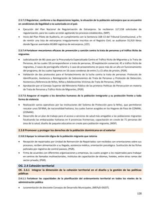 128
2.3.7.2 Regularizar, conforme a las disposiciones legales, la situación de la población extranjera que se encuentre
en condiciones de ilegalidad o no autorizada en el país
 Ejecución del Plan Nacional de Regularización de Extranjeros. Se recibieron 117,158 solicitudes de
regularización, para los cuales se están agotando los procesos establecidos, (MIP).
 Inicio del Plan Piloto de Auditoría, en cumplimiento con la Sentencia 168-13 del Tribunal Constitucional, a fin
de remitir una lista de extranjeros irregularmente inscritos en el Registro Civil; se auditaron 55,919 libros
donde figuran asentados 60,869 registros de extranjeros, (JCE).
2.3.7.4 Fortalecer mecanismos eficaces de prevención y sanción contra la trata de personas y el tráfico ilícito de
migrantes
 Judicialización de 86 casos por la Procuraduría Especializada Contra el Tráfico Ilícito de Migrantes y la Trata de
Personas, de los cuales 18 correspondieron a trata de personas, 20 explotación comercial, 45 a tráfico ilícito de
migrantes, 2 casos de pornografía infantil y 1 caso de proxenetismo en poco más de un año en funcionamiento
del programa, de los cuales logramos en 16 casos condenas de entre 2 y 15 años de prisión, (PGR).
 Validación de dos protocolos para el fortalecimiento de la lucha contra la trata de personas: Protocolo de
Identificación, Asistencia y Reintegración de Sobrevivientes de Trata de Personas y Protocolo de Detección,
Asistencia y Referencia de Niños, Niñas y Adolescentes Víctimas de Trata de Personas, (PGR).
 Aprobación por el Consejo Superior del Ministerio Público de las primeras Políticas de Persecución en materia
de Trata de Personas y Tráfico Ilícito de Migrantes, (PGR).
2.3.7.6 Asegurar el respeto a los derechos humanos de la población inmigrante y su protección frente a toda
forma de violencia
 Realización varios operativos por las instituciones del Sistema de Protección para la Niñez, que permitieron
rescatar unos 58 NNA, de nacionalidad haitiana, los cuales fueron acogidos en los Hogares de Paso de CONANI,
(CONANI).
 Desarrollo de un plan de trabajo para el acceso a servicios de salud más amigables a las poblaciones migrantes
focalizando las embarazadas haitianas en 4 provincias fronterizas; capacitación en creole de 71 personas del
área de la salud; diseño de paquete educativo en creole para población migrante, (MSP).
2.3.8 Promover y proteger los derechos de la población dominicana en el exterior
2.3.8.3 Apoyar la reinserción digna de la población migrante que retorna
 Recepción de repatriados por Unidad de Reinserción de Repatriados: son recibidos con orientaciones sobre sus
procesos, reciben alimentación a su llegada, asistencia médica, orientación psicológica. Sustitución de las fichas
policiales por registros de control pasivos, (PGR).
 Firma de acuerdos con diferentes organizaciones y empresas, las cuales acogen a los repatriados para trabajar
en centros de llamadas multisectoriales, institutos de capacitación de idiomas, hoteles, entre otras ramas del
sector privado, (PGR).
OG. 2.4 Cohesión territorial
OE. 2.4.1 Integrar la dimensión de la cohesión territorial en el diseño y la gestión de las políticas
públicas
2.4.1.1 Fortalecer las capacidades de la planificación del ordenamiento territorial en todos los niveles de la
administración pública
 Juramentación de diecisiete Consejos de Desarrollo Municipales, (MEPyD-DGOT).
 