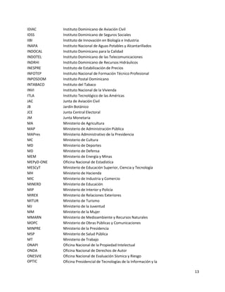 13
IDIAC Instituto Dominicano de Aviación Civil
IDSS Instituto Dominicano de Seguros Sociales
IIBI Instituto de Innovación en Biología e Industria
INAPA Instituto Nacional de Aguas Potables y Alcantarillados
INDOCAL Instituto Dominicano para la Calidad
INDOTEL Instituto Dominicano de las Telecomunicaciones
INDRHI Instituto Dominicano de Recursos Hidráulicos
INESPRE Instituto de Estabilización de Precios
INFOTEP Instituto Nacional de Formación Técnico Profesional
INPOSDOM Instituto Postal Dominicano
INTABACO Instituto del Tabaco
INVI Instituto Nacional de la Vivienda
ITLA Instituto Tecnológico de las Américas
JAC Junta de Aviación Civil
JB Jardín Botánico
JCE Junta Central Electoral
JM Junta Monetaria
MA Ministerio de Agricultura
MAP Ministerio de Administración Pública
MAPres Ministerio Administrativo de la Presidencia
MC Ministerio de Cultura
MD Ministerio de Deportes
MD Ministerio de Defensa
MEM Ministerio de Energía y Minas
MEPyD-ONE Oficina Nacional de Estadística
MESCyT Ministerio de Educación Superior, Ciencia y Tecnología
MH Ministerio de Hacienda
MIC Ministerio de Industria y Comercio
MINERD Ministerio de Educación
MIP Ministerio de Interior y Policía
MIREX Ministerio de Relaciones Exteriores
MITUR Ministerio de Turismo
MJ Ministerio de la Juventud
MM Ministerio de la Mujer
MMARN Ministerio de Medioambiente y Recursos Naturales
MOPC Ministerio de Obras Públicas y Comunicaciones
MINPRE Ministerio de la Presidencia
MSP Ministerio de Salud Pública
MT Ministerio de Trabajo
ONAPI Oficina Nacional de la Propiedad Intelectual
ONDA Oficina Nacional de Derechos de Autor
ONESVIE Oficina Nacional de Evaluación Sísmica y Riesgo
OPTIC Oficina Presidencial de Tecnologías de la Información y la
 