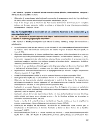 152
3.2.2.5 Planificar y propiciar el desarrollo de una infraestructura de refinación, almacenamiento, transporte y
distribución de combustibles moderna
 Elaboración de propuesta para la definición de la construcción de un gasoducto Andrés-San Pedro de Macorís
en alianza público-privada, gestionado por un operador independiente, (MEM).
 Inicio de los trabajos para la elaboración del Plan Nacional de Desarrollo de Infraestructuras Energéticas
Críticas, uno de cuyos elementos nodales se enfoca en el desarrollo de una infraestructura energética
estratégica en la Zona Norte, (MEM).
OG. 3.3 Competitividad e innovación en un ambiente favorable a la cooperación y la
responsabilidad social
OE. 3.3.1 Desarrollar un entorno regulador que asegure un funcionamiento ordenado de los mercados
y un clima de inversión y negocios pro-competitivo
3.3.1.1 Impulsar un Estado pro-competitivo que reduzca los costos, trámites y tiempos de transacciones y
autorizaciones
 Inició el Plan Piloto VUCE DGA-MH, mediante el cual el proceso de solicitudes de exoneraciones de importación
se efectúa a través del módulo de exoneraciones del Sistema Integrado de Gestión Aduanera (SIGA), vía
internet, (MH).
 Elaboración del Anteproyecto de Decreto Presidencial que crea el marco jurídico, formulación de la estructura
organizativa e inició del proceso de implementación de la Ventanilla Única de Comercio Exterior (VUCE), (DGA).
 Construcción y equipamiento del Laboratorio de Aduanas, ideado para el análisis de productos minerales,
orgánicos o inorgánicos, metálicos o no, productos derivados del petróleo, alcohol y preparaciones alcohólicas,
alimentos y preparaciones alimenticias, etc., (DGA).
 Desarrollo de una agenda de sensibilización y promoción del programa Operador Económico Autorizado (OEA)
a nivel nacional. Se han certificado 11 empresas como OEA y 34 se encuentran en proceso, (DGA).
 Implementación del mecanismo de selectividad de la carga gestionada por el sistema SIGA para complementar
el sistema de gestión de riesgo, (DGA).
 Instalación de quioscos de prestación de servicios para contribuyentes en plazas comerciales, (DGII).
 Promulgación de la Ley No.150-14 que establece la creación de un sistema de información catastral, (CN).
 Elaboración del levantamiento catastral, automatizando el control de los datos de los levantamientos
catastrales realizados en los distintos lugares del país por el Departamento de Cartografía. Permite el registro
detallado de cada inmueble, así como generar consultas y reportes, (MH).
 Realización de un estudio-diagnóstico de reformas sobre Clima de Negocios e Inversiones, el cual plantea
recomendaciones para la simplificación de regulaciones, procedimientos y costos relacionados con la apertura,
operación y cierre de empresas, (MEPyD).
 Facilitación, a través del Foro del Crecimiento del Caribe y la Mesa de Facilitación de Comercio, del diálogo
público-privado participativo entre múltiples sectores, a fin de identificar acciones que promuevan un
crecimiento económico de calidad, (MEPyD).
 Puesta en marcha de la ventanilla única de tramitación de Proyectos turísticos, a fines de simplificar los
procesos necesarios para el desarrollo de emprendimientos en el sector, (MITUR).
 Formulación del Proyecto de Pre-inversión: “Actualización de Informaciones sobre Trámites para la
Simplificación de Procedimientos de Servicios Facilitados al Sector de Zonas Francas de la República
Dominicana”, (CNZFE).
 Emisión de Sentencia TC/0339/14: El Tribunal consideró que el artículo 13 y otras disposiciones conexas de la
Ley No. 2334 de 1885, sobre Registro de los Actos Civiles, Judiciales y Extrajudiciales, es inconstitucional. Dicha
 