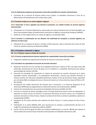 160
3.3.6.11 Implementar programas de promoción y desarrollo sostenible de la aviación civil dominicana
 Suscripción de un Acuerdo de Servicios Aéreos entre Ecuador y la República Dominicana y firma de un
Memorándum de Entendimiento entre ambos países, (JAC).
3.3.7 Convertir al país en un centro logístico regional
3.3.7.1 Desarrollar el marco regulador que fomente la prestación, con calidad mundial, de servicios logísticos
internacionales
 Participación en el Proyecto Mesoamérica, patrocinado por el Banco Interamericano de Desarrollo (BID), que
tiene como propósito apoyar el fortalecimiento institucional en logística y economía de transporte, (MEPyD).
 Diseño de un marco legal moderno en materia de logística y conectividad, (MIC).
3.3.7.2 Incentivar la conformación de una eficiente red multimodal de transporte y servicios logísticos con
cobertura en todo el país
 Elaboración de un proyecto de decreto, remitido al Poder Ejecutivo, sobre el desarrollo de la Zona de Libre
Comercio, Industria y Servicios en Manzanillo, (MEM).
OG. 3.4 Empleos suficientes y dignos
OE. 3.4.1 Propiciar mayores niveles de inversión
3.4.1.3 Construir progresivamente sistemas regionales de competitividad y desarrollo tecnológico
 Integración a plataformas regionales de promoción de comercio e inversiones, (CEI-RD).
3.4.1.4 Fortalecer las capacidades de atracción de inversión extranjera
 Realización del primer Foro de Inversión de la República Dominicana “Invierte en RD”, que logró atraer 286
potenciales inversionistas de más de 40 países que se trasladaron a la República Dominicana para explorar
oportunidades de inversión, (CEI-RD).
 Desarrollo de actividades de capacitación en materia de promoción de inversión extranjera de la oferta
exportable nacional, ofreciéndoles a los participantes herramientas y técnicas que permitan fomentar el
comercio exterior con éxito para la República Dominicana. Destaca el Foro de Inversiones Verdes, organizado
por el Instituto OMG, la embajada de Suiza, la Cámara de Comercio y Turismo Dominico-Suiza (CCTDS) y el CEI-
RD, (CEI-RD).
 Actualización del modelo dominicano del Acuerdo para la Promoción y la Protección Recíprocas de las
Inversiones (APPRI) para las negociaciones en materia de inversión con los demás países, (MIREX).
 Creación de la Ventanilla Única de Inversión de la República Dominicana (VUIRD), (CEI-RD).
 Firma de un Acuerdo de Alianza Estratégica entre el Consejo Nacional de Zonas Francas de Exportación, la
Asociación de Zonas Francas de Panamá y la Asociación Dominicana de Zonas Francas, con la finalidad de
promover inversiones en Zonas Francas, impulsar la producción de bienes y servicios exportables y optimizar la
competitividad, (CNZFE).
 Aprobación de 56 nuevos permisos para empresas de Zonas Francas y 9 nuevos parques de Zona Franca,
(CNZFE).
 Participación en el evento MEDICA 2014, para promocionar las ventajas y posicionamiento del país en el
renglón de manufacturas de dispositivos médicos, (CNZFE).
 Ley No. 312-14, del 8 de agosto de 2014, que introduce modificaciones a la Ley No. 480-08, que instituye el
marco jurídico de las Zonas Francas Financieras Internacionales en la República Dominicana, (CN).
 