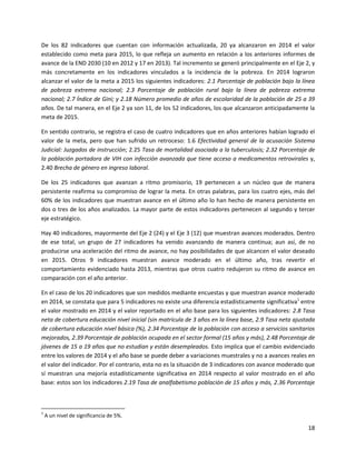 18
De los 82 indicadores que cuentan con información actualizada, 20 ya alcanzaron en 2014 el valor
establecido como meta para 2015, lo que refleja un aumento en relación a los anteriores informes de
avance de la END 2030 (10 en 2012 y 17 en 2013). Tal incremento se generó principalmente en el Eje 2, y
más concretamente en los indicadores vinculados a la incidencia de la pobreza. En 2014 lograron
alcanzar el valor de la meta a 2015 los siguientes indicadores: 2.1 Porcentaje de población bajo la línea
de pobreza extrema nacional; 2.3 Porcentaje de población rural bajo la línea de pobreza extrema
nacional; 2.7 Índice de Gini; y 2.18 Número promedio de años de escolaridad de la población de 25 a 39
años. De tal manera, en el Eje 2 ya son 11, de los 52 indicadores, los que alcanzaron anticipadamente la
meta de 2015.
En sentido contrario, se registra el caso de cuatro indicadores que en años anteriores habían logrado el
valor de la meta, pero que han sufrido un retroceso: 1.6 Efectividad general de la acusación Sistema
Judicial: Juzgados de instrucción; 2.25 Tasa de mortalidad asociada a la tuberculosis; 2.32 Porcentaje de
la población portadora de VIH con infección avanzada que tiene acceso a medicamentos retrovirales y,
2.40 Brecha de género en ingreso laboral.
De los 25 indicadores que avanzan a ritmo promisorio, 19 pertenecen a un núcleo que de manera
persistente reafirma su compromiso de lograr la meta. En otras palabras, para los cuatro ejes, más del
60% de los indicadores que muestran avance en el último año lo han hecho de manera persistente en
dos o tres de los años analizados. La mayor parte de estos indicadores pertenecen al segundo y tercer
eje estratégico.
Hay 40 indicadores, mayormente del Eje 2 (24) y el Eje 3 (12) que muestran avances moderados. Dentro
de ese total, un grupo de 27 indicadores ha venido avanzando de manera continua; aun así, de no
producirse una aceleración del ritmo de avance, no hay posibilidades de que alcancen el valor deseado
en 2015. Otros 9 indicadores muestran avance moderado en el último año, tras revertir el
comportamiento evidenciado hasta 2013, mientras que otros cuatro redujeron su ritmo de avance en
comparación con el año anterior.
En el caso de los 20 indicadores que son medidos mediante encuestas y que muestran avance moderado
en 2014, se constata que para 5 indicadores no existe una diferencia estadísticamente significativa1
entre
el valor mostrado en 2014 y el valor reportado en el año base para los siguientes indicadores: 2.8 Tasa
neta de cobertura educación nivel inicial (sin matrícula de 3 años en la línea base, 2.9 Tasa neta ajustada
de cobertura educación nivel básica (%), 2.34 Porcentaje de la población con acceso a servicios sanitarios
mejorados, 2.39 Porcentaje de población ocupada en el sector formal (15 años y más), 2.48 Porcentaje de
jóvenes de 15 a 19 años que no estudian y están desempleados. Esto implica que el cambio evidenciado
entre los valores de 2014 y el año base se puede deber a variaciones muestrales y no a avances reales en
el valor del indicador. Por el contrario, esta no es la situación de 3 indicadores con avance moderado que
sí muestran una mejoría estadísticamente significativa en 2014 respecto al valor mostrado en el año
base: estos son los indicadores 2.19 Tasa de analfabetismo población de 15 años y más, 2.36 Porcentaje
1
A un nivel de significancia de 5%.
 