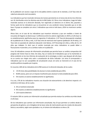 19
de la población con acceso a agua de la red pública dentro o fuera de la vivienda y 2.10 Tasa neta de
cobertura educación nivel secundario.
Los indicadores que han mostrado retroceso de manera persistente en al menos dos de los tres informes
son 10, distribuidos entre los distintos ejes de la END (tabla I.6). Otros cinco indicadores, luego de haber
mostrado avances en la dirección deseada, han registrado un deterioro en el último año, pasando a
formar parte de los indicadores que se encuentran en una condición menos favorable que en el año
base. El grupo se completa con otros 2 indicadores que entre el año base y 2014 no mostraron cambio
alguno.
Ahora bien, en el caso de los indicadores que muestran retroceso y que son medidos a través de
encuestas de hogares se observa que la diferencia entre los valores registrados en 2014 y el año base no
es estadísticamente significativa para los siguientes 4 indicadores: 2.37 Tasa de desocupación ampliada
de la población de 15 años y más, 3.10 Tasa neta de matrícula nivel superior (población 18-24 años), 2.9
Tasa neta no ajustada de cobertura educación nivel básica, 2.47 Porcentaje de niños y niñas de 6 a 14
años que trabajan. Es decir que el cambio mostrado por estos indicadores se puede deber a
fluctuaciones muestrales y no a cambios reales en la población.
Unos 16 indicadores carecen de información actualizada que permita hacer un análisis comparativo del
progreso del mismo hacia la meta. De estos, hay un núcleo de 8 indicadores que se ha mantenido en
dicha condición en los tres informes de evaluación de la estrategia; es decir, que después del año base
no se cuenta con ningún otro valor o actualización de dicho indicador. Los otros 8 corresponden a
indicadores que no son susceptibles de actualización anual, tal como se mencionó en el caso de los
escaños políticos ocupados por mujeres.
En resumen, 66% de los indicadores de la END avanza en la dirección deseada, de los cuales:
 25.5% tiene altas posibilidades de alcanzar la meta establecida para 2015,
 40.8% avanza, pero con un impulso insuficiente para alcanzar la meta establecida para 2015.
 5% muestra un avance estadísticamente no significativo.
A su vez, 17% de los indicadores muestra una situación de estancamiento o de deterioro respecto a la
existente al año base, de los cuales:
 2% se mantiene estancado
 4% muestra un deterioro estadísticamente no significativo
 11% muestra deterioro
El restante 16% no cuenta con información actualizada que permita evaluar los cambios ocurridos desde
el año base.
De los indicadores que cuentan con información actualizada, hay 23 que permiten un análisis desde la
perspectiva de género; con el desglose de las tasas netas de matriculación para los niveles de educación
básico y secundario, según sean ajustadas o no, el número de indicadores se eleva a 26.
 