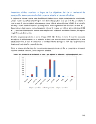 222
Inversión pública asociada al logro de los objetivos del Eje 4: Sociedad de
producción y consumo sostenibles, que se adapta al cambio climático
El conjunto de este Eje captó el 4.3% del monto total ejecutado en proyectos de inversión. Dentro de él,
un solo objetivo específico concentró gran parte de monto ejecutado en el Eje: el OE 4.1.4, Gestionar el
recurso agua de manera eficiente y transparente, con el 3.3% de la inversión total y 71.6% de la inversión
en el Eje. El otro objetivo específico que registró un monto significativo de inversión fue el OE 4.2.1,
Desarrollar un eficaz sistema nacional de gestión integral de riesgos, con 0.9% de la inversión total. El OE
4.3.1, Reducir la vulnerabilidad, avanzar en la adaptación a los efectos del cambio climático, no registró
ningún Proyecto de inversión.
Entre los proyectos ejecutados en apoyo al logro del OE 4.1.4 destaca el monto de inversión ejecutado
en la presa de Monte Grande, en la provincia de Azua, que absorbió el 46.6% de la ejecución de este
objetivo específico. El resto de los recursos se orientó a sistemas de riego. En el OE 4.2.1 los proyectos se
dirigieron al control de los cauces de los ríos.
Como se observa en el gráfico, las inversiones correspondientes a este Eje se concentraron en cuatro
regiones: Valdesia, Enriquillo, Cibao Sur y Cibao Noroeste.
Gráfico IV.6 Distribución de la inversión en el Eje 4, por regiones de desarrollo y objetivos generales, 2014
 