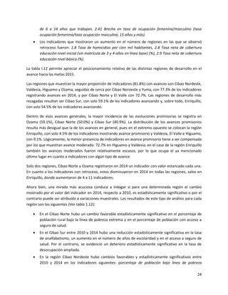 24
de 6 a 14 años que trabajan, 2.41 Brecha en tasa de ocupación femenina/masculino (tasa
ocupación femenina/tasa ocupación masculina, 15 años y más).
 Los indicadores que mostraron un aumento en el número de regiones en las que se observó
retroceso fueron: 1.8 Tasa de homicidios por cien mil habitantes, 2.8 Tasa neta de cobertura
educación nivel inicial (sin matrícula de 3 y 4 años en línea base) (%), 2.9 Tasa neta de cobertura
educación nivel básica (%).
La tabla I.12 permite apreciar el posicionamiento relativo de las distintas regiones de desarrollo en el
avance hacia las metas 2015.
Las regiones que muestran la mayor proporción de indicadores (81.8%) con avances son Cibao Nordeste,
Valdesia, Higuamo y Ozama, seguidas de cerca por Cibao Noroeste y Yuma, con 77.3% de los indicadores
registrando avances en 2014, y por Cibao Norte y El Valle con 72.7%. Las regiones de desarrollo más
rezagadas resultan ser Cibao Sur, con solo 59.1% de los indicadores avanzando y, sobre todo, Enriquillo,
con solo 54.5% de los indicadores avanzando.
Dentro de esos avances generales, la mayor incidencia de las evoluciones promisorias se registra en
Ozama (59.1%), Cibao Norte (50.0%) y Cibao Sur (40.9%). La distribución de los avances promisorios
resulta más desigual que la de los avances en general, pues en el extremo opuesto se colocan la región
Enriquillo, con solo 4.5% de los indicadores mostrando avance promisorio y Valdesia, El Valle e Higuamo,
con 9.1%. Lógicamente, la menor presencia de indicadores en avance promisorio tiene a ser compensada
por los que muestran avance moderado: 72.7% en Higuamo y Valdesia; en el caso de la región Enriquillo
también los avances moderados fueron relativamente escasos, por lo que ocupa el ya mencionado
último lugar en cuanto a indicadores con algún tipo de avance.
Solo dos regiones, Cibao Norte y Ozama registraron en 2014 un indicador con valor estancado cada una.
En cuanto a los indicadores con retroceso, estos disminuyeron en 2014 en todas las regiones, salvo en
Enriquillo, donde aumentaron de 4 a 11 indicadores.
Ahora bien, una mirada más acuciosa conduce a indagar si para una determinada región el cambio
mostrado por el valor del indicador en 2014, respecto a 2010, es estadísticamente significativo o por el
contrario puede ser atribuido a variaciones muestrales. Los resultados de este tipo de análisis para cada
región son los siguientes (Ver tabla 1.12):
 En el Cibao Norte hubo un cambio favorable estadísticamente significativo en el porcentaje de
población rural bajo la línea de pobreza extrema y en el porcentaje de población con acceso a
seguro de salud.
 En el Cibao Sur entre 2010 y 2014 hubo una reducción estadísticamente significativa en la tasa
de analfabetismo, un aumento en el número de años de escolaridad y en el acceso a seguro de
salud. Por el contrario, se evidenció un deterioro estadísticamente significativo en la tasa de
desocupación ampliada.
 En la región Cibao Nordeste hubo cambios favorables y estadísticamente significativos entre
2010 y 2014 en los indicadores siguientes: porcentaje de población bajo línea de pobreza
 