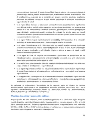 25
extrema nacional, porcentaje de población rural bajo línea de pobreza extrema, porcentaje de la
población bajo línea de pobreza moderada nacional, número medio de años de escolaridad, tasa
de analfabetismo, porcentaje de la población con acceso a servicios sanitarios aceptables,
porcentaje de población con acceso a agua potable, porcentaje de población protegida con
seguro familiar de salud.
 En la región Cibao Noroeste se observaron cambios favorables estadísticamente significativos
entre 2010 y 2014 en los indicadores siguientes: porcentaje de la población con acceso a agua
potable de la red pública dentro o fuera de la vivienda, porcentaje de población protegida por
seguro de salud y tasa de desocupación ampliada. Sin embargo, fue la única región que mostró
un deterioro estadísticamente significativo en el indicador porcentaje de la población con acceso
a servicios sanitarios mejorados.
 En la región Valdesia mejoró significativamente entre 2010 y 2014 la cobertura de la educación
secundaria, el acceso a seguro de salud y el porcentaje de usuarios de internet.
 En la región Enriquillo entre 2010 y 2014 solo hubo una mejoría estadísticamente significativa
para el indicador relativo a años de escolaridad población de 25 a 39 años. Fue la única región
donde el avance moderado en el indicador relativo a acceso a seguro de salud resultó
estadísticamente no significativo.
 En la región El Valle, las mejorías estadísticamente significativas se evidenciaron en los
indicadores relativos a pobreza extrema, tanto a nivel global como en la zona rural, cobertura de
la educación secundaria y acceso a seguro de salud.
 En la región Yuma hubo un cambio favorable estadísticamente significativo en el caso del acceso
a agua potable de la red pública y a seguro de salud.
 En la región Higuamo se evidencio una reducción estadísticamente significativa en el porcentaje
de población por debajo de la línea de pobreza moderada nacional y una mejoría en el acceso a
seguro de salud.
 En la región Ozama o Metropolitana se alcanzaron reducciones estadísticamente significativas en
los indicadores relativos a pobreza extrema, analfabetismo y mejoró el acceso a agua potable de
la red pública, seguro de salud y en los usuarios de internet.
En definitiva, el ordenamiento descendente de las regiones según el número de cambios
estadísticamente significativos en los indicadores de desarrollo analizados entre 2010 y 2014 es el
siguiente: Cibao Nordeste (6), El Valle (5), Ozama (5), Cibao Sur (4), Valdesia (4), Cibao Noroeste (3),
Yuma (2), Higuamo (2), Cibao Norte (2) y Enriquillo (1).
Medidas de política y producción públicas
Al igual que los dos años anteriores, todos los objetivos generales de la END fueron objeto de alguna
medida de política o actividad. El abanico de las líneas de acción en ejecución alcanzó en 2014 al 56.3%
de las planteadas en la END, porcentaje significativamente superior al registrado en los años anteriores
(47.2% en 2012 y 45.7% en 2013). También se destaca el hecho de que en los cuatro ejes estratégicos se
incrementó el porcentaje de las líneas de acción en ejecución.
 