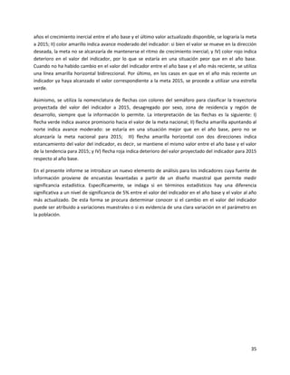 35
años el crecimiento inercial entre el año base y el último valor actualizado disponible, se lograría la meta
a 2015; II) color amarillo indica avance moderado del indicador: si bien el valor se mueve en la dirección
deseada, la meta no se alcanzaría de mantenerse el ritmo de crecimiento inercial; y IV) color rojo indica
deterioro en el valor del indicador, por lo que se estaría en una situación peor que en el año base.
Cuando no ha habido cambio en el valor del indicador entre el año base y el año más reciente, se utiliza
una línea amarilla horizontal bidireccional. Por último, en los casos en que en el año más reciente un
indicador ya haya alcanzado el valor correspondiente a la meta 2015, se procede a utilizar una estrella
verde.
Asimismo, se utiliza la nomenclatura de flechas con colores del semáforo para clasificar la trayectoria
proyectada del valor del indicador a 2015, desagregado por sexo, zona de residencia y región de
desarrollo, siempre que la información lo permite. La interpretación de las flechas es la siguiente: I)
flecha verde indica avance promisorio hacia el valor de la meta nacional; II) flecha amarilla apuntando al
norte indica avance moderado: se estaría en una situación mejor que en el año base, pero no se
alcanzaría la meta nacional para 2015; III) flecha amarilla horizontal con dos direcciones indica
estancamiento del valor del indicador, es decir, se mantiene el mismo valor entre el año base y el valor
de la tendencia para 2015; y IV) flecha roja indica deterioro del valor proyectado del indicador para 2015
respecto al año base.
En el presente informe se introduce un nuevo elemento de análisis para los indicadores cuya fuente de
información proviene de encuestas levantadas a partir de un diseño muestral que permite medir
significancia estadística. Específicamente, se indaga si en términos estadísticos hay una diferencia
significativa a un nivel de significancia de 5% entre el valor del indicador en el año base y el valor al año
más actualizado. De esta forma se procura determinar conocer si el cambio en el valor del indicador
puede ser atribuido a variaciones muestrales o si es evidencia de una clara variación en el parámetro en
la población.
 
