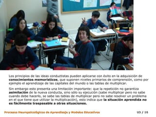 Los principios de las ideas conductistas pueden aplicarse con éxito en la adquisición de
   conocimientos memorísticos, que suponen niveles primarios de comprensión, como por
   ejemplo el aprendizaje de las capitales del mundo o las tablas de multiplicar.
   Sin embargo esto presenta una limitación importante: que la repetición no garantiza
   asimilación de la nueva conducta, sino sólo su ejecución (sabe multiplicar pero no sabe
   cuando debe hacerlo, se sabe las tablas de multiplicar pero no sabe resolver un problema
   en el que tiene que utilizar la multiplicación), esto indica que la situación aprendida no
   es fácilmente traspasable a otras situaciones.

Procesos Neuropsicológicos de Aprendizaje y Modelos Educativos                        U3 / 16
 