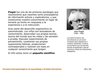 Piaget fue uno de los primeros psicólogos que
     reconocieron que nacemos como procesadores
     de información activos y exploratorios, y que
     construimos nuestro conocimiento en lugar de
     tomarlo ya hecho en respuesta a la
     experiencia o a la instrucción.
     Gran parte del desarrollo cognoscitivo es
     automotivado. Los niños son buscadores de                            Jean Piaget
     conocimiento, desarrollan sus propias teorías                        (1896 – 1980)

     acerca del mundo que les rodea y las someten
                                                                 Los seres humanos nos
     a prueba. Ejecutan experimentos de                          encontramos en una lucha
     pensamiento, cuestionan sus propias                         constante para adaptarnos a
     suposiciones básicas, proporcionan                          nuestros ambientes, construir
                                                                 conocimiento que nos permita
     contraejemplos y razonan con base en                        percibir el significado y ejercer
     cualquier conocimiento que tengan.                          control por medio de mecanismos
                                                                 adaptativos.
     El niño actúa como un pequeño científico.
                                   científico




Procesos Neuropsicológicos de Aprendizaje y Modelos Educativos                            U3 / 19
 