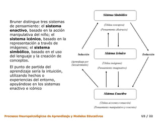 Bruner distingue tres sistemas
   de pensamiento: el sistema
   enactivo, basado en la acción
   manipulativa del niño; el
   sistema icónico, basado en la
   representación a través de
   imágenes; el sistema
   simbólico, basado en el uso
   del lenguaje y la creación de
   conceptos.
   El punto de partida del
   aprendizaje sería la intuición,
   utilizando hechos o
   experiencias del entorno,
   apoyándose en los sistemas
   enactivo e icónico




Procesos Neuropsicológicos de Aprendizaje y Modelos Educativos   U3 / 22
 