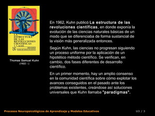 En 1962, Kuhn publicó La estructura de las
                             revoluciones científicas , en donde exponía la
                             evolución de las ciencias naturales básicas de un
                             modo que se diferenciaba de forma sustancial de
                             la visión más generalizada entonces.
                             Según Kuhn, las ciencias no progresan siguiendo
                             un proceso uniforme por la aplicación de un
                             hipotético método científico. Se verifican, en
   Thomas Samuel Kuhn
          (1922 - )          cambio, dos fases diferentes de desarrollo
                             científico.
                             En un primer momento, hay un amplio consenso
                             en la comunidad científica sobre cómo explotar los
                             avances conseguidos en el pasado ante los
                             problemas existentes, creándose así soluciones
                             universales que Kuhn llamaba "paradigmas".



Procesos Neuropsicológicos de Aprendizaje y Modelos Educativos                   U3 / 3
 