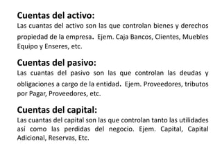 Cuentas del activo:
Las cuantas del activo son las que controlan bienes y derechos
propiedad de la empresa. Ejem. Caja Bancos, Clientes, Muebles
Equipo y Enseres, etc.
Cuentas del pasivo:
Las cuantas del pasivo son las que controlan las deudas y
obligaciones a cargo de la entidad. Ejem. Proveedores, tributos
por Pagar, Proveedores, etc.
Cuentas del capital:
Las cuantas del capital son las que controlan tanto las utilidades
así como las perdidas del negocio. Ejem. Capital, Capital
Adicional, Reservas, Etc.
 