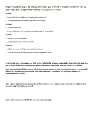 Organice cuatroequipos de trabajo. Invítelos aque profundicenlaobservacióndel videoy
que compartan sus opiniones entornoa los siguientesrubros.
Equipo 1
• El contenidodesarrolladoporel maestroconlosalumnos
• La forma de favorecerel aprendizaje entre losalumnos
Equipo 2
• El uso de materiales
• La percepciónque tiene el docente acercadel logrode supropósito
Equipo 3
• El papel de losobservadores
• Las aportacionesque hacenal docente
Equipo 4
• Las formasenque se dirigenlosmaestrosal docente
• La actituddel docente observadoante lasopinionesde suspares
Para finalizar este primer apartado de la sesión, solicite al grupo que responda las siguientes interrogantes;
con el apoyo de algunos participantes, regístrenlas en una diapositiva, pizarrón u hojas de rotafolio.
¿Qué aspectos hay que fortalecercomo colectivode escuelaspara mejorar sus formas de interaccióny comunicación,
la forma de compartir susexperienciasy,sobre todo,de apoyar a compañeros con los que se trabaja enun
Aprendizaje entre escuelas?
¿Qué esperan lograr como colectivoescolar con la presentaciónque prepararon para compartir con la(s) escuela(s)
que presenta problemáticas comunes?
¿Cuál será la mejormanera de brindar aportaciones a sus colegas?
 