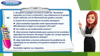 En el aula:
1. Recuperen y pongan a la vista el cuadro de “Resultados
esperados en el mes o el bimestre”, que elaboraron en la pasada
sesión ordinaria, con la información por grados y escuela.
2. A partir de lo concentrado en el cuadro, destaquen:
➤ ¿Qué resultados esperados están representando mayor
dificultad para su logro en sus grupos? ¿Por qué?
➤ ¿En cuáles se van evidenciando avances?
➤ ¿Qué acciones implementadas para avanzar en los resultados
esperados han funciona- do mejor? ¿Cuáles no? ¿A qué aspectos
de su intervención docente lo atribuye?
➤ ¿Qué materiales o recursos subsanaron los problemas de
aprendizaje en sus alumnos y les gustaría compartir con sus
colegas?
No olviden registrar sus respuestas.
Elaboró: Profr. José Isaac Cruz Reyes
 