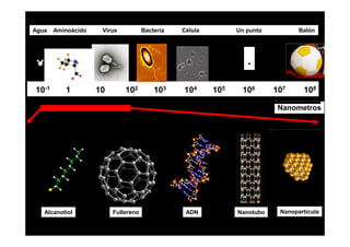 Agua   Aminoácido    Virus           Bacteria   Célula         Un punto          Balón




                                                                  .
10-1      1         10       102         103    104      105    106       107     108

                                                                           Nanometros




   Alcanotiol            Fullereno               ADN           Nanotubo    Nanopartícula
 