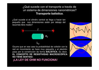 ¿Qué sucede con el transporte a través de
          un sistema de dimensiones nanométricas?
                    Transporte balístico.

¿Qué sucede si el cilindro central se llega a hacer tan
pequeño que sus dimensiones estén por debajo del
recorrido libre medio?                                    a)
                          l

                                  a2

                         L2                               b)
Ocurre que en ese caso la probabilidad de colisión con la
red en movimiento se hace muy pequeña y el electrón
pasa por la constricción de forma BALÍSTICA. Es decir,
EL CONCEPTO DE RESISTIVIDAD MACROSCÓPICA
NO TIENE SENTIDO:
¡LA LEY DE OHM NO FUNCIONA!
 