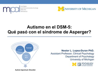 Autismo en el DSM-5:
Qué pasó con el síndrome de Asperger?

Nestor L. Lopez-Duran PhD.
Assistant Professor, Clinical Psychology
Department of Psychology
University of Michigan

 