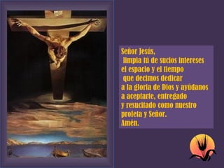Señor Jesús, limpia tú de sucios intereses  el espacio y el tiempo que decimos dedicar  a la gloria de Dios y ayúdanos a aceptarte, entregado  y resucitado como nuestro profeta y Señor. Amén. 