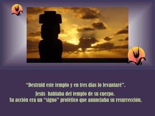 “ Destruid este templo y en tres días lo levantaré”. Jesús  hablaba del templo de su cuerpo.  Su acción era un “signo” profético que anunciaba su resurrección. 