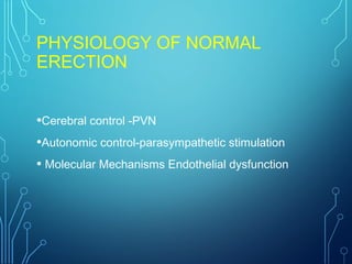 PHYSIOLOGY OF NORMAL
ERECTION
•Cerebral control -PVN
•Autonomic control-parasympathetic stimulation
• Molecular Mechanisms Endothelial dysfunction
 