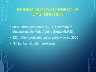 EPIDEMIOLOGY OF ERECTILE
DYSFUNCTION
• 50% amongst aged 40y-70y, according to
Massachusetts Male Ageing Study(MMAS)
• 322 million projected cases worldwide by 2025
• Sri Lankan situation unknown
 