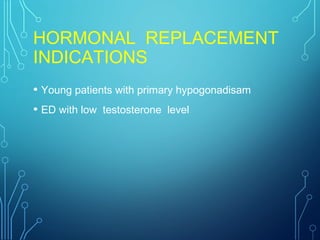 HORMONAL REPLACEMENT
INDICATIONS
• Young patients with primary hypogonadisam
• ED with low testosterone level
 