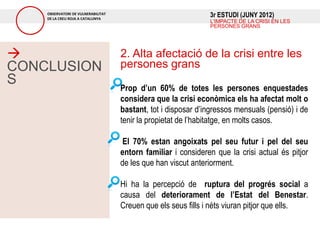 OBSERVATORI DE VULNERABILITAT
    DE LA CREU ROJA A CATALUNYA
                                                               3r ESTUDI (JUNY 2012)
                                                               L’IMPACTE DE LA CRISI EN LES
                                                               PERSONES GRANS




                                   2. Alta afectació de la crisi entre les
CONCLUSION                          persones grans
S
                                    Prop d’un 60% de totes les persones enquestades
                                    considera que la crisi econòmica els ha afectat molt o
                                    bastant, tot i disposar d’ingressos mensuals (pensió) i de
                                    tenir la propietat de l’habitatge, en molts casos.

                                     El 70% estan angoixats pel seu futur i pel del seu
                                    entorn familiar i consideren que la crisi actual és pitjor
                                    de les que han viscut anteriorment.

                                    Hi ha la percepció de ruptura del progrés social a
                                    causa del deteriorament de l’Estat del Benestar.
                                    Creuen que els seus fills i néts viuran pitjor que ells.
 